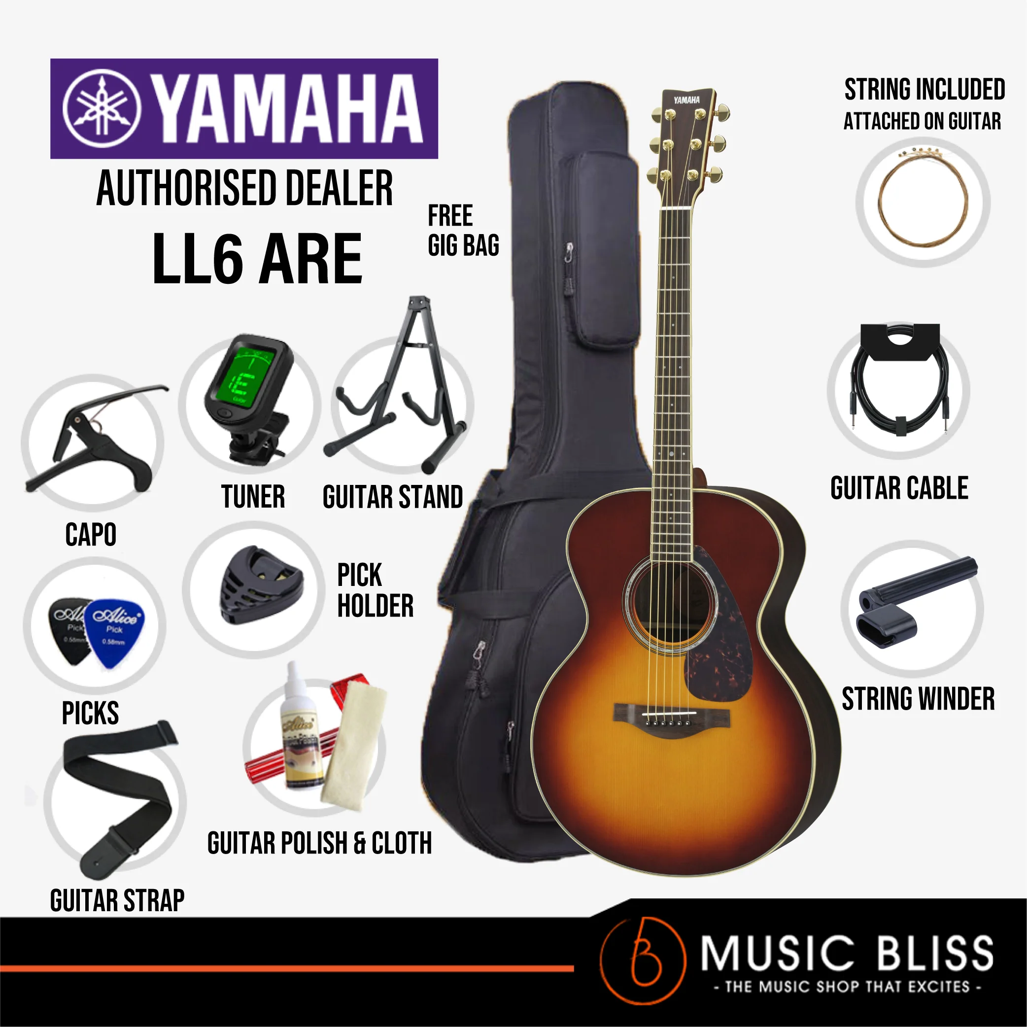 Yamaha LL6 ARE Original Jumbo Acoustic-Electric Guitar with FREE Hard Bag - Image 2