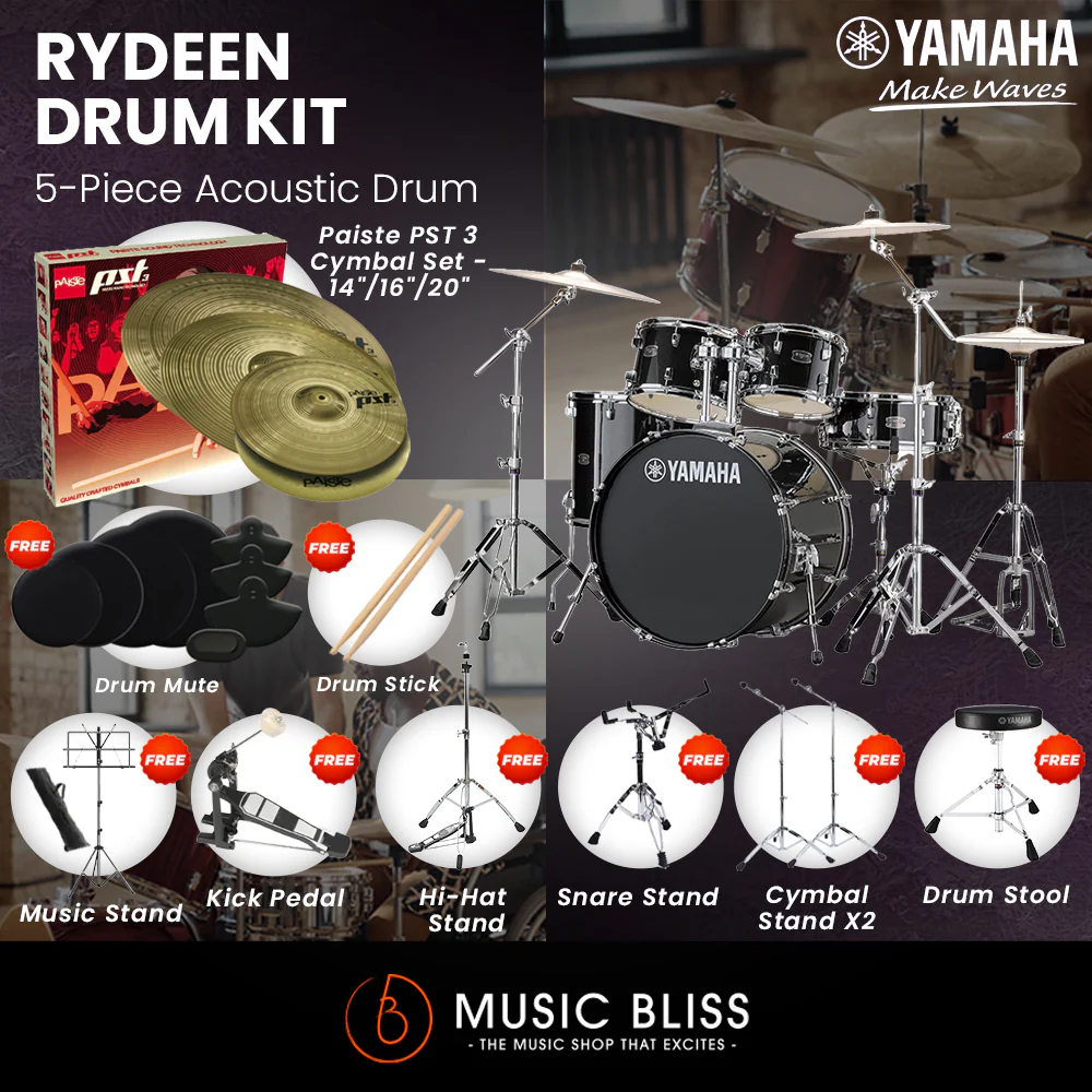 Yamaha Rydeen 5-Piece Acoustic Drum Kit – 22" Bass Drum – Shell Pack Only or Complete Package with Hardware & Cymbals - Black Glitter - Image 2
