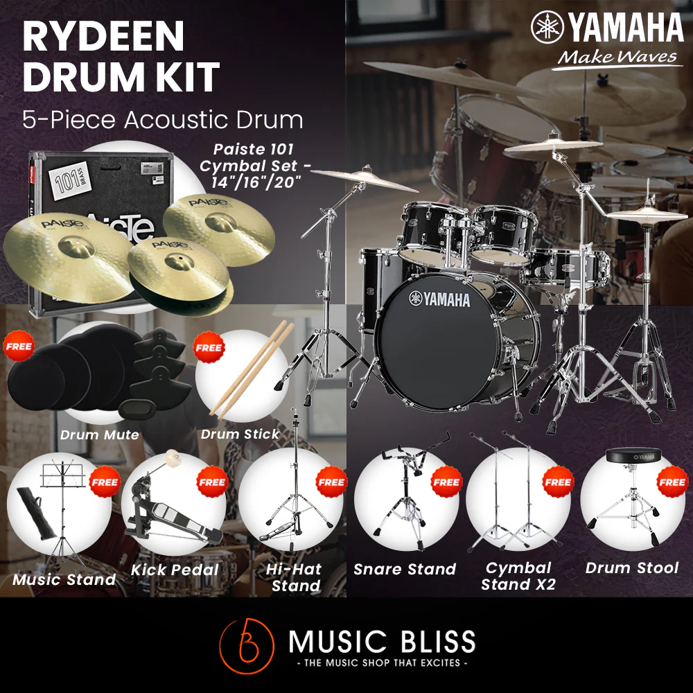 Yamaha Rydeen 5-Piece Acoustic Drum Kit – 22" Bass Drum – Shell Pack Only or Complete Package with Hardware & Cymbals - Black Glitter - Image 3