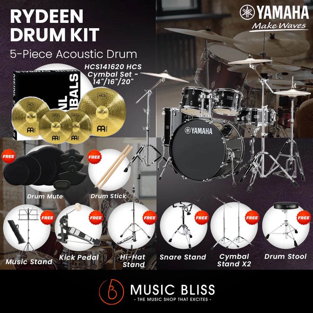 Yamaha Rydeen 5-Piece Acoustic Drum Kit – 22" Bass Drum – Shell Pack Only or Complete Package with Hardware & Cymbals - Black Glitter - Image 4