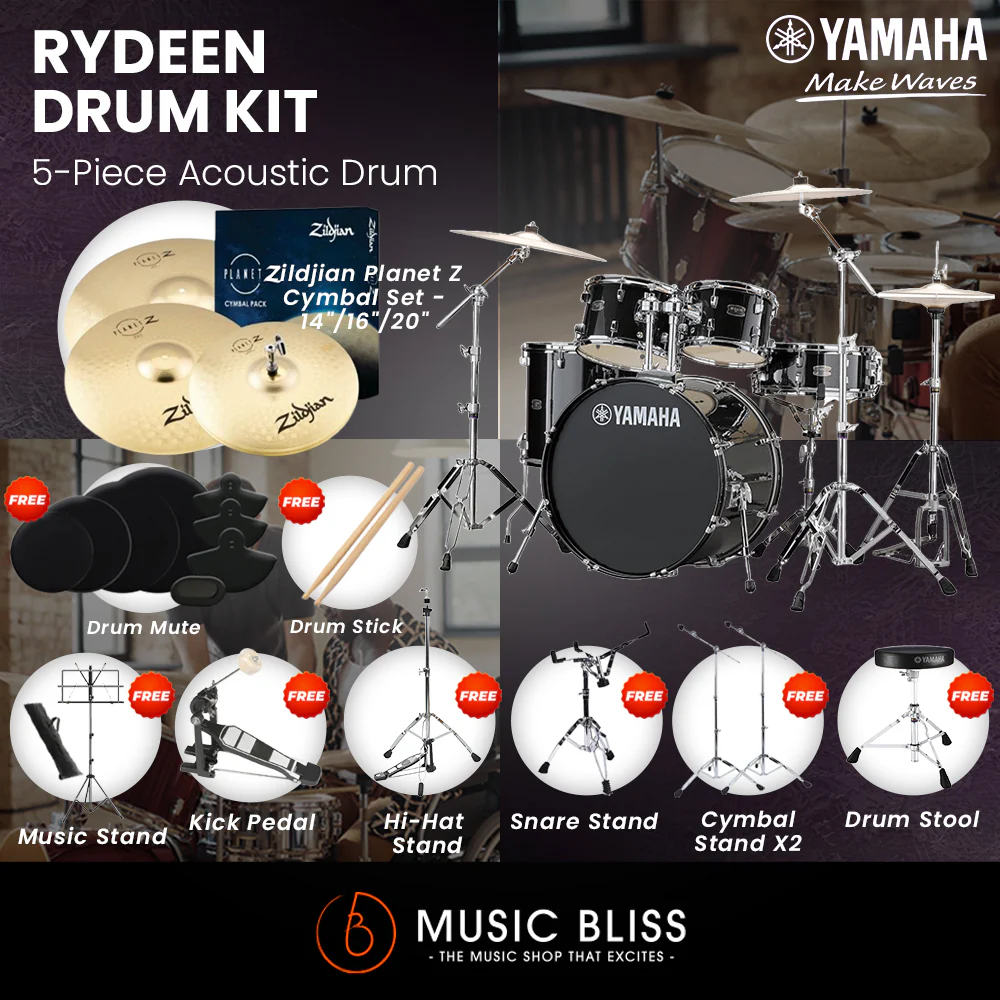 Yamaha Rydeen 5-Piece Acoustic Drum Kit – 22" Bass Drum – Shell Pack Only or Complete Package with Hardware & Cymbals - Black Glitter - Image 5