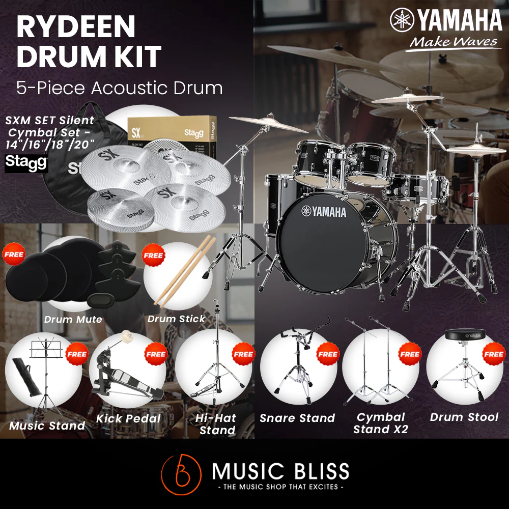 Yamaha Rydeen 5-Piece Acoustic Drum Kit – 22" Bass Drum – Shell Pack Only or Complete Package with Hardware & Cymbals - Black Glitter - Image 6
