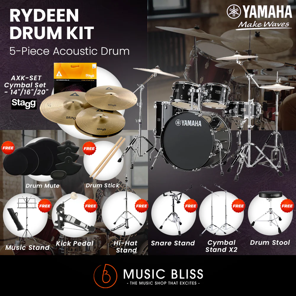 Yamaha Rydeen 5-Piece Acoustic Drum Kit – 22" Bass Drum – Shell Pack Only or Complete Package with Hardware & Cymbals - Black Glitter - Image 7