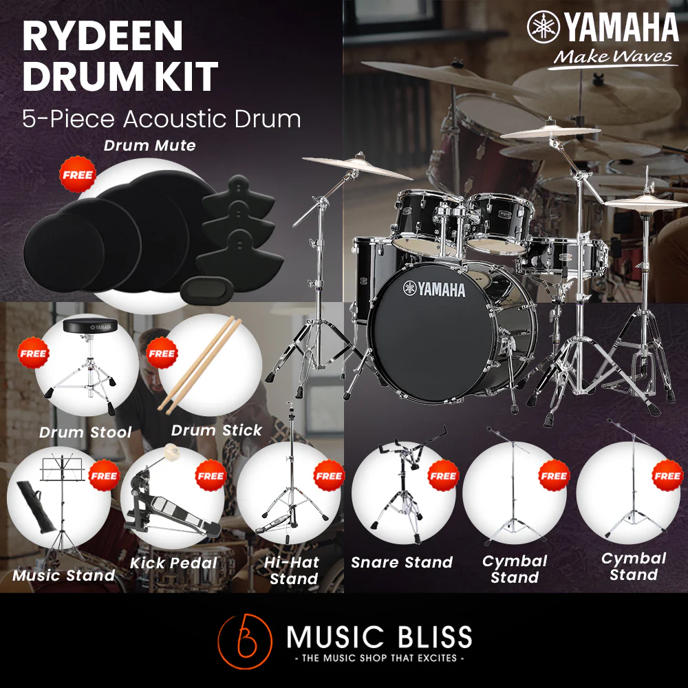 Yamaha Rydeen 5-Piece Acoustic Drum Kit – 22" Bass Drum – Shell Pack Only or Complete Package with Hardware & Cymbals - Black Glitter - Image 8
