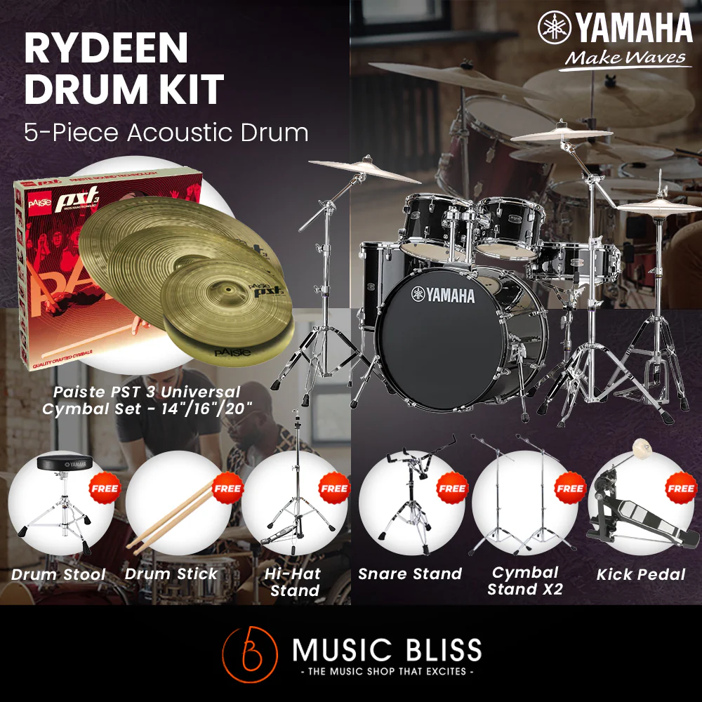 Yamaha Rydeen 5-Piece Acoustic Drum Kit β 20" Bass Drum β Shell Pack Only or Complete Package with Hardware & Cymbals - Black Glitter
