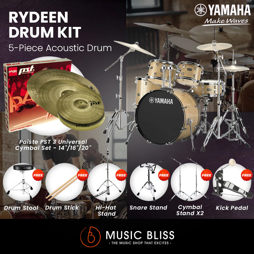 Yamaha Rydeen 5-Piece Acoustic Drum Kit β 20" Bass Drum β Shell Pack Only or Complete Package with Hardware & Cymbals - Champagne Glitter