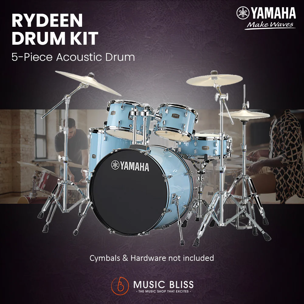 Yamaha Rydeen 5-Piece Acoustic Drum Kit – 20" Bass Drum – Shell Pack Only or Complete Package with Hardware & Cymbals - Gloss Pale Blue - Image 4