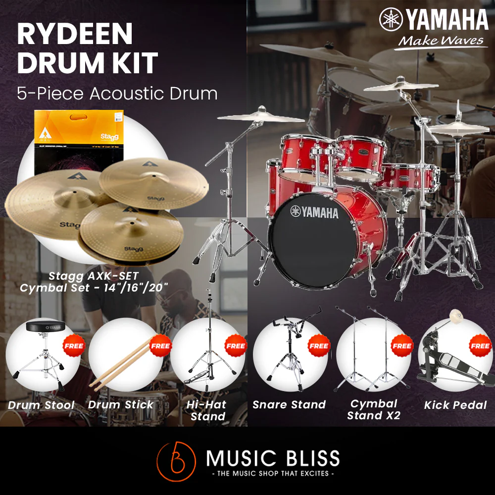 Yamaha Rydeen 5-Piece Acoustic Drum Kit β 20" Bass Drum β Shell Pack Only or Complete Package with Hardware & Cymbals - Hot Red - Image 3