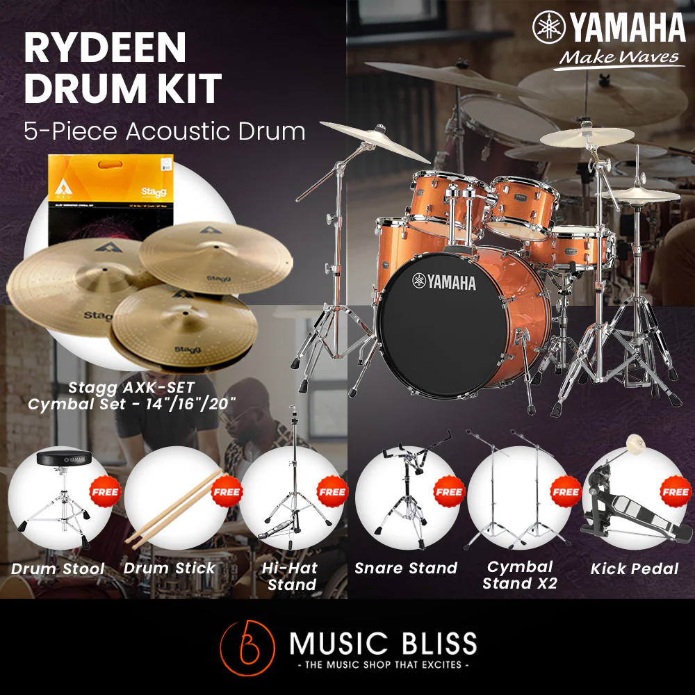 Yamaha Rydeen 5-Piece Acoustic Drum Kit β 20" Bass Drum β Shell Pack Only or Complete Package with Hardware & Cymbals - Orange Glitter - Image 3