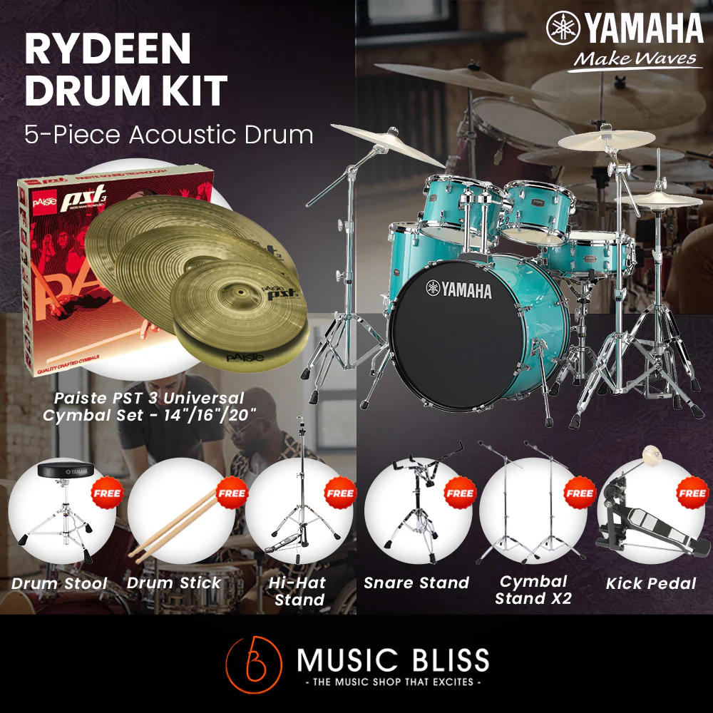 Yamaha Rydeen 5-Piece Acoustic Drum Kit β 20" Bass Drum β Shell Pack Only or Complete Package with Hardware & Cymbals - Turquoise Glitter