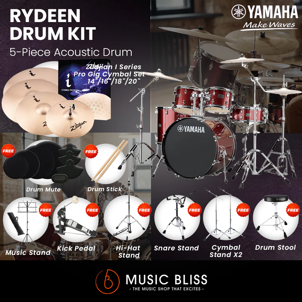 Yamaha Rydeen 5-Piece Acoustic Drum Kit – 22" Bass Drum – Shell Pack Only or Complete Package with Hardware & Cymbals - Burgundy Glitter