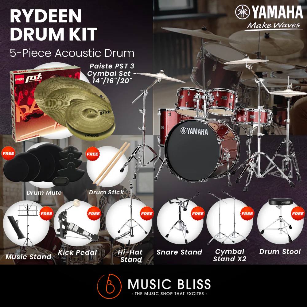Yamaha Rydeen 5-Piece Acoustic Drum Kit – 22" Bass Drum – Shell Pack Only or Complete Package with Hardware & Cymbals - Burgundy Glitter - Image 2