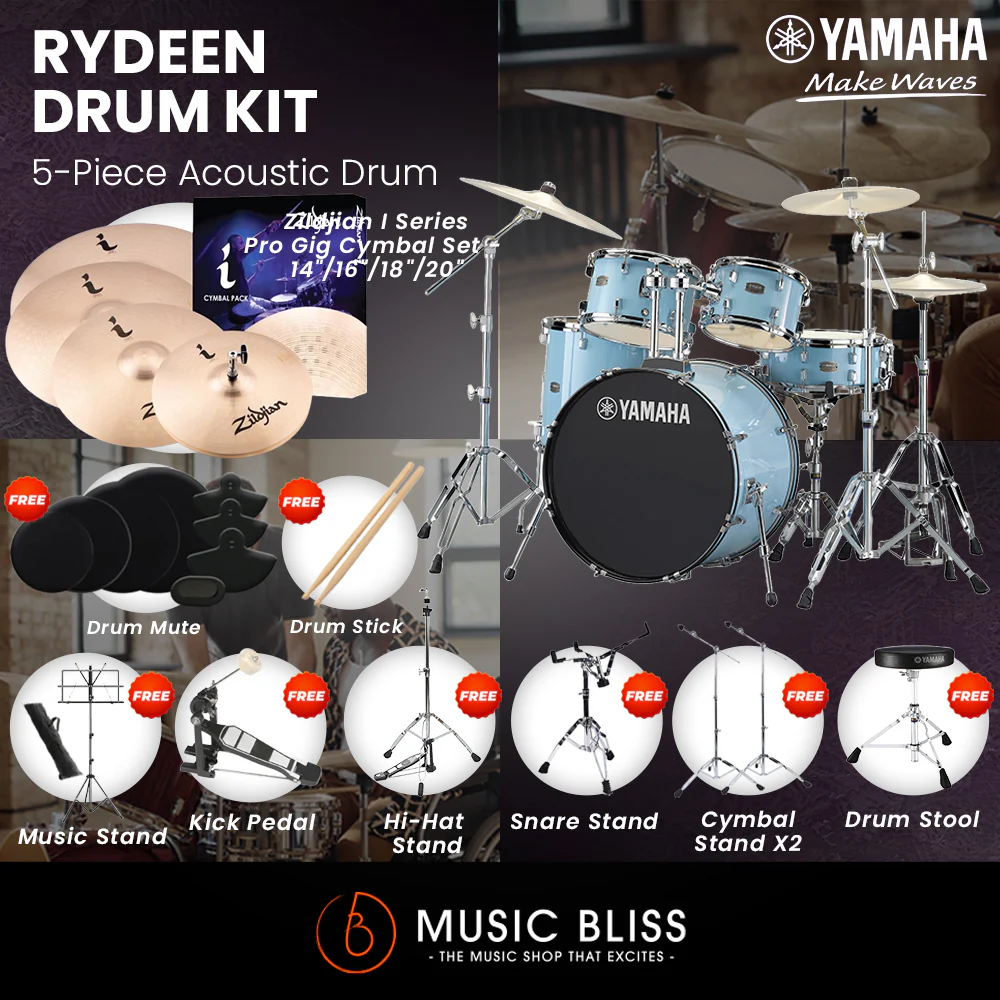 Yamaha Rydeen 5-Piece Acoustic Drum Kit – 22" Bass Drum – Shell Pack Only or Complete Package with Hardware & Cymbals - Gloss Pale Blue
