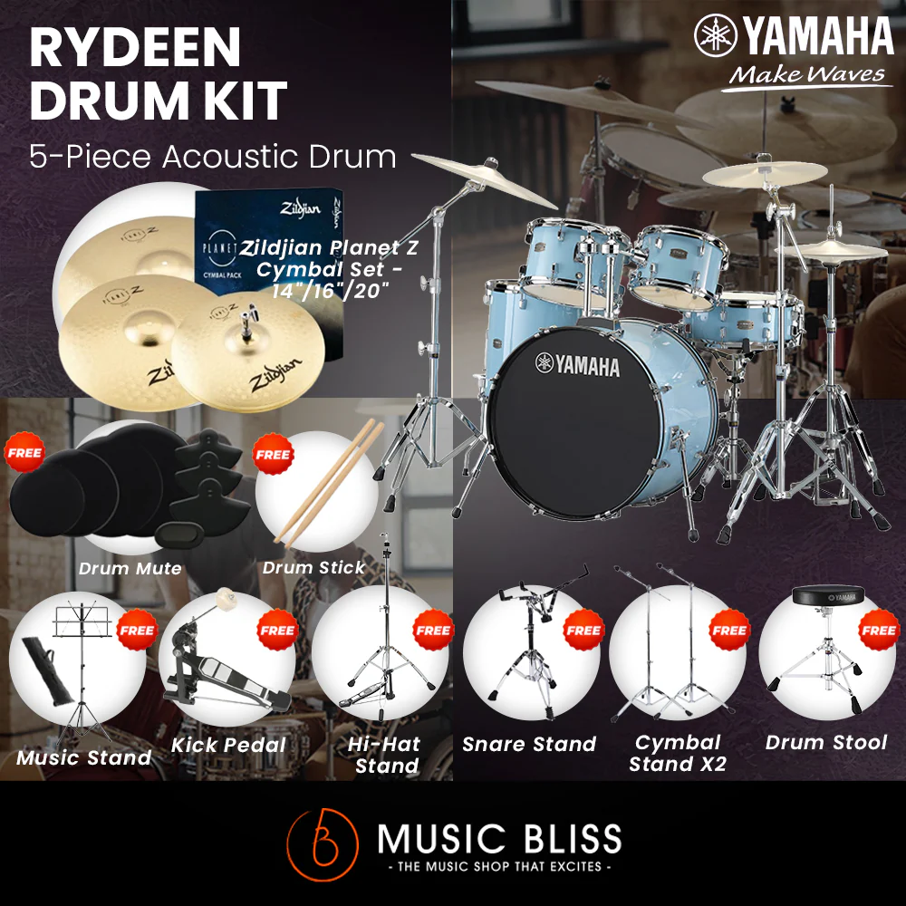 Yamaha Rydeen 5-Piece Acoustic Drum Kit – 22" Bass Drum – Shell Pack Only or Complete Package with Hardware & Cymbals - Gloss Pale Blue - Image 5
