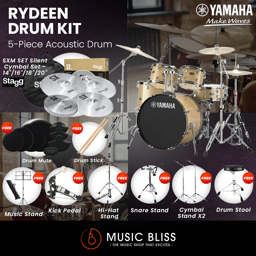 Yamaha Rydeen 5-Piece Acoustic Drum Kit – 22" Bass Drum – Shell Pack Only or Complete Package with Hardware & Cymbals - Gloss Pale Blue - Image 6