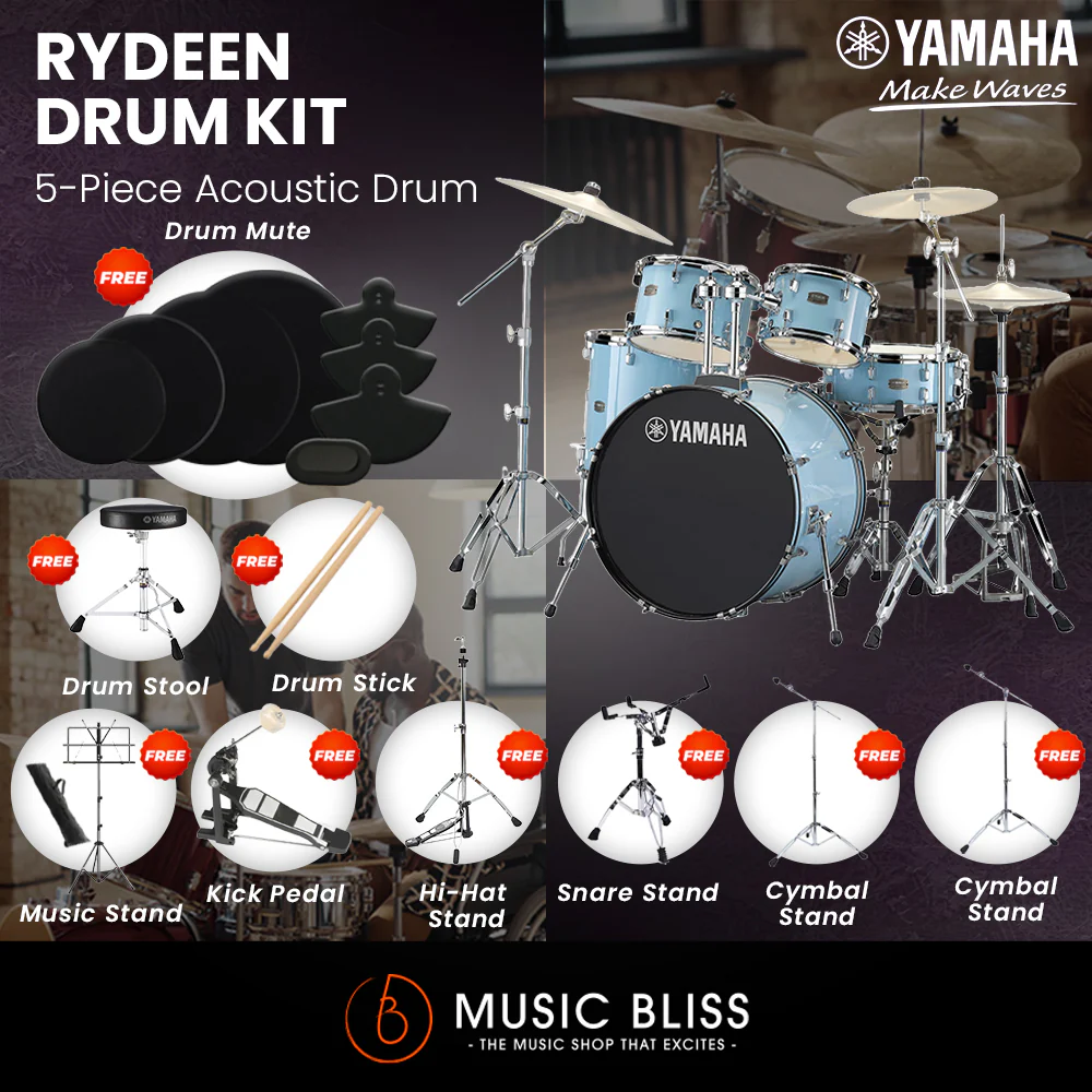 Yamaha Rydeen 5-Piece Acoustic Drum Kit – 22" Bass Drum – Shell Pack Only or Complete Package with Hardware & Cymbals - Gloss Pale Blue - Image 8
