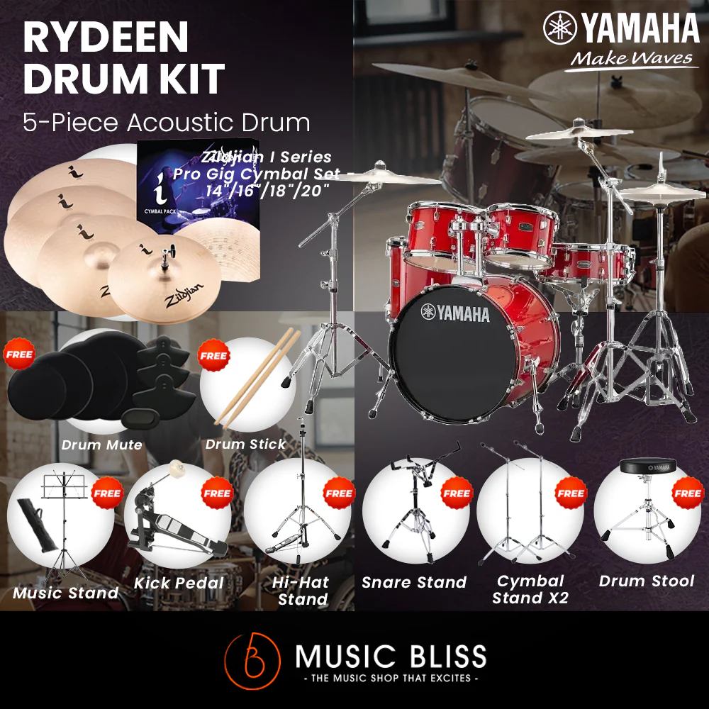 Yamaha Rydeen 5-Piece Acoustic Drum Kit – 22" Bass Drum – Shell Pack Only or Complete Package with Hardware & Cymbals - Hot Red