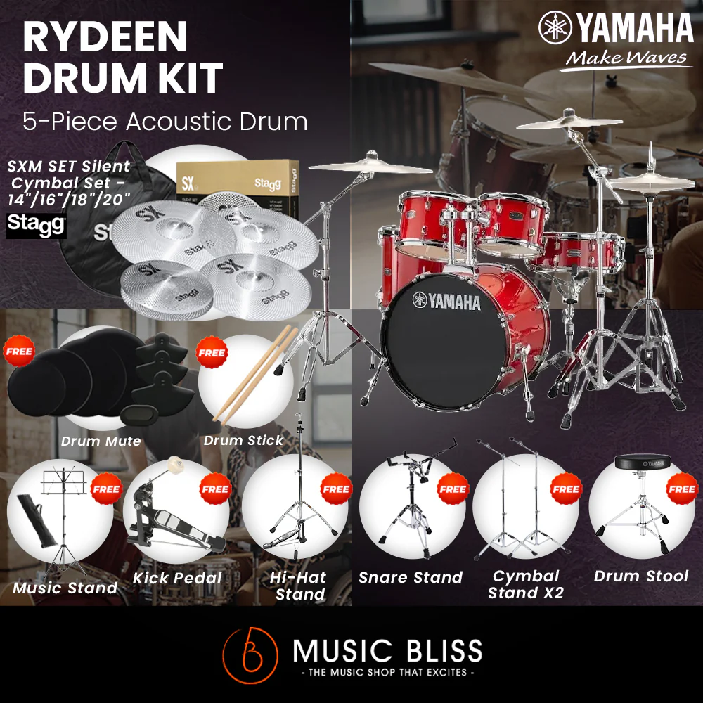 Yamaha Rydeen 5-Piece Acoustic Drum Kit – 22" Bass Drum – Shell Pack Only or Complete Package with Hardware & Cymbals - Hot Red - Image 6