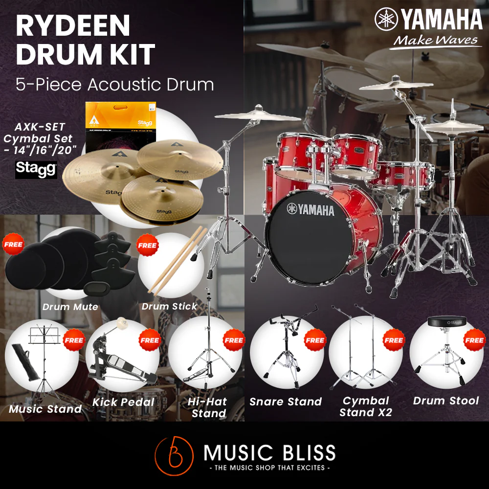 Yamaha Rydeen 5-Piece Acoustic Drum Kit – 22" Bass Drum – Shell Pack Only or Complete Package with Hardware & Cymbals - Hot Red - Image 7