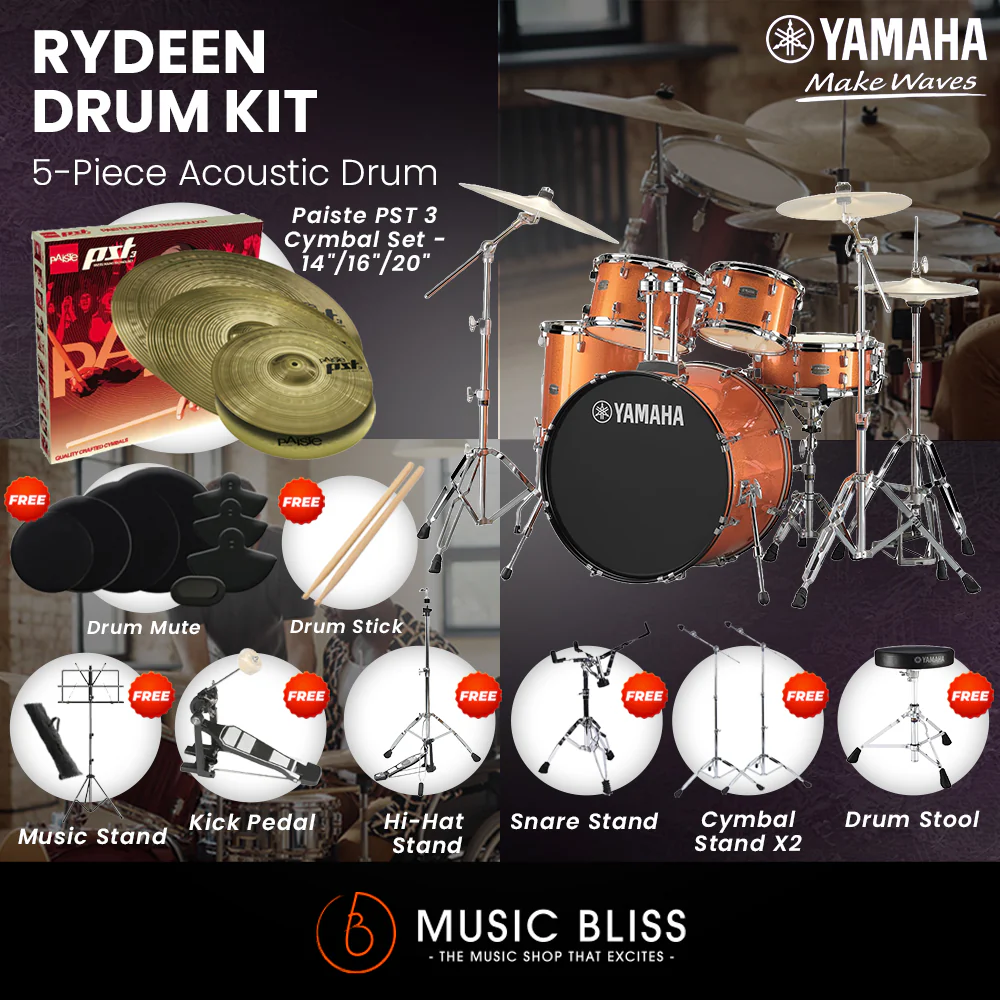Yamaha Rydeen 5-Piece Acoustic Drum Kit – 22" Bass Drum – Shell Pack Only or Complete Package with Hardware & Cymbals - Orange Glitter - Image 2