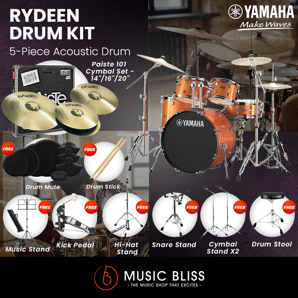 Yamaha Rydeen 5-Piece Acoustic Drum Kit – 22" Bass Drum – Shell Pack Only or Complete Package with Hardware & Cymbals - Orange Glitter - Image 3