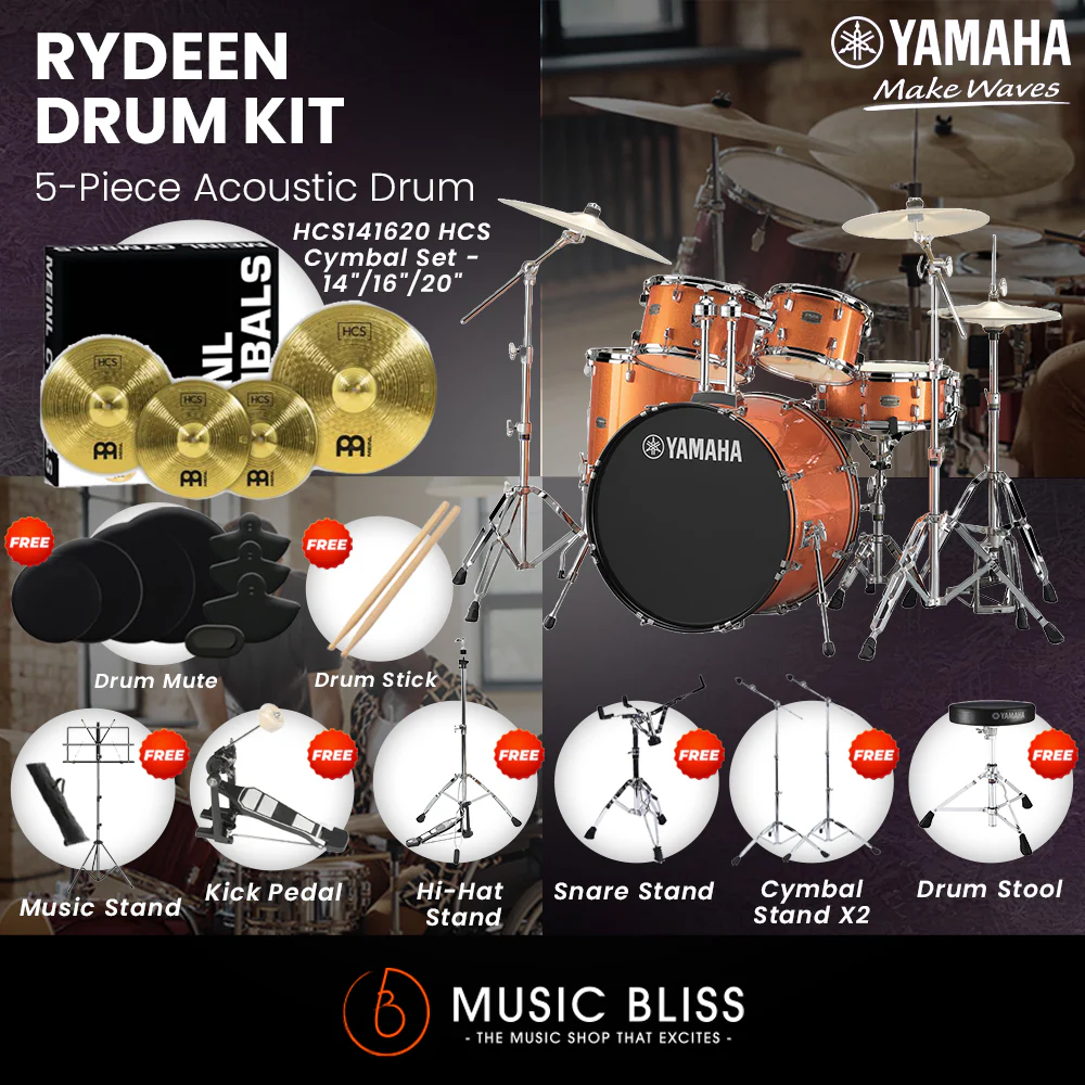 Yamaha Rydeen 5-Piece Acoustic Drum Kit – 22" Bass Drum – Shell Pack Only or Complete Package with Hardware & Cymbals - Orange Glitter - Image 4