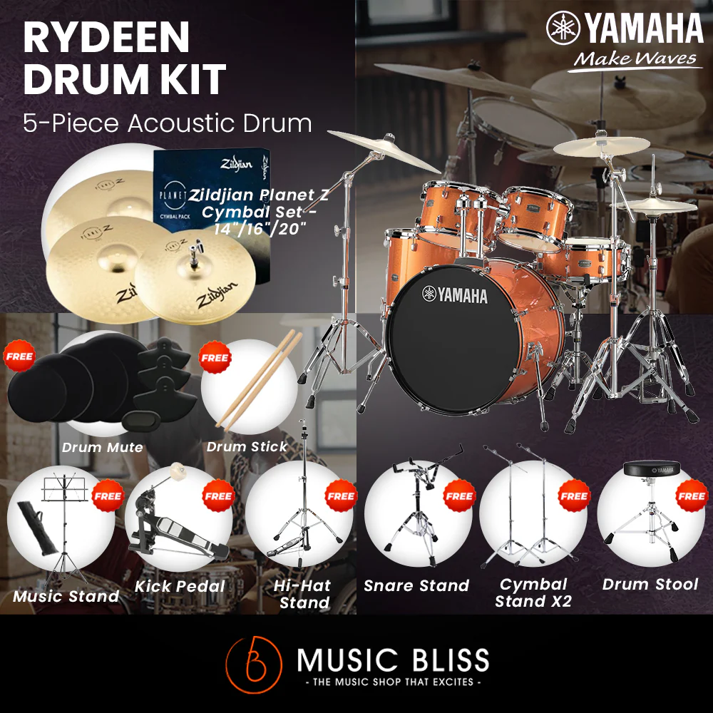 Yamaha Rydeen 5-Piece Acoustic Drum Kit – 22" Bass Drum – Shell Pack Only or Complete Package with Hardware & Cymbals - Orange Glitter - Image 5