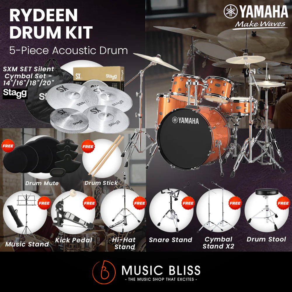 Yamaha Rydeen 5-Piece Acoustic Drum Kit – 22" Bass Drum – Shell Pack Only or Complete Package with Hardware & Cymbals - Orange Glitter - Image 6