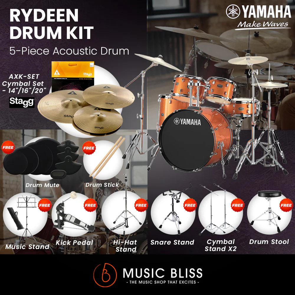 Yamaha Rydeen 5-Piece Acoustic Drum Kit – 22" Bass Drum – Shell Pack Only or Complete Package with Hardware & Cymbals - Orange Glitter - Image 7
