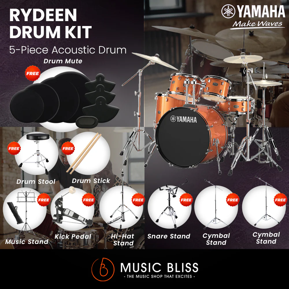 Yamaha Rydeen 5-Piece Acoustic Drum Kit – 22" Bass Drum – Shell Pack Only or Complete Package with Hardware & Cymbals - Orange Glitter - Image 8