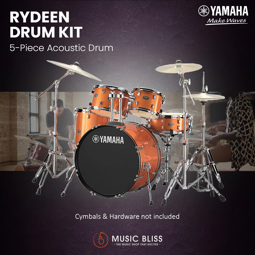 Yamaha Rydeen 5-Piece Acoustic Drum Kit – 22" Bass Drum – Shell Pack Only or Complete Package with Hardware & Cymbals - Orange Glitter - Image 9