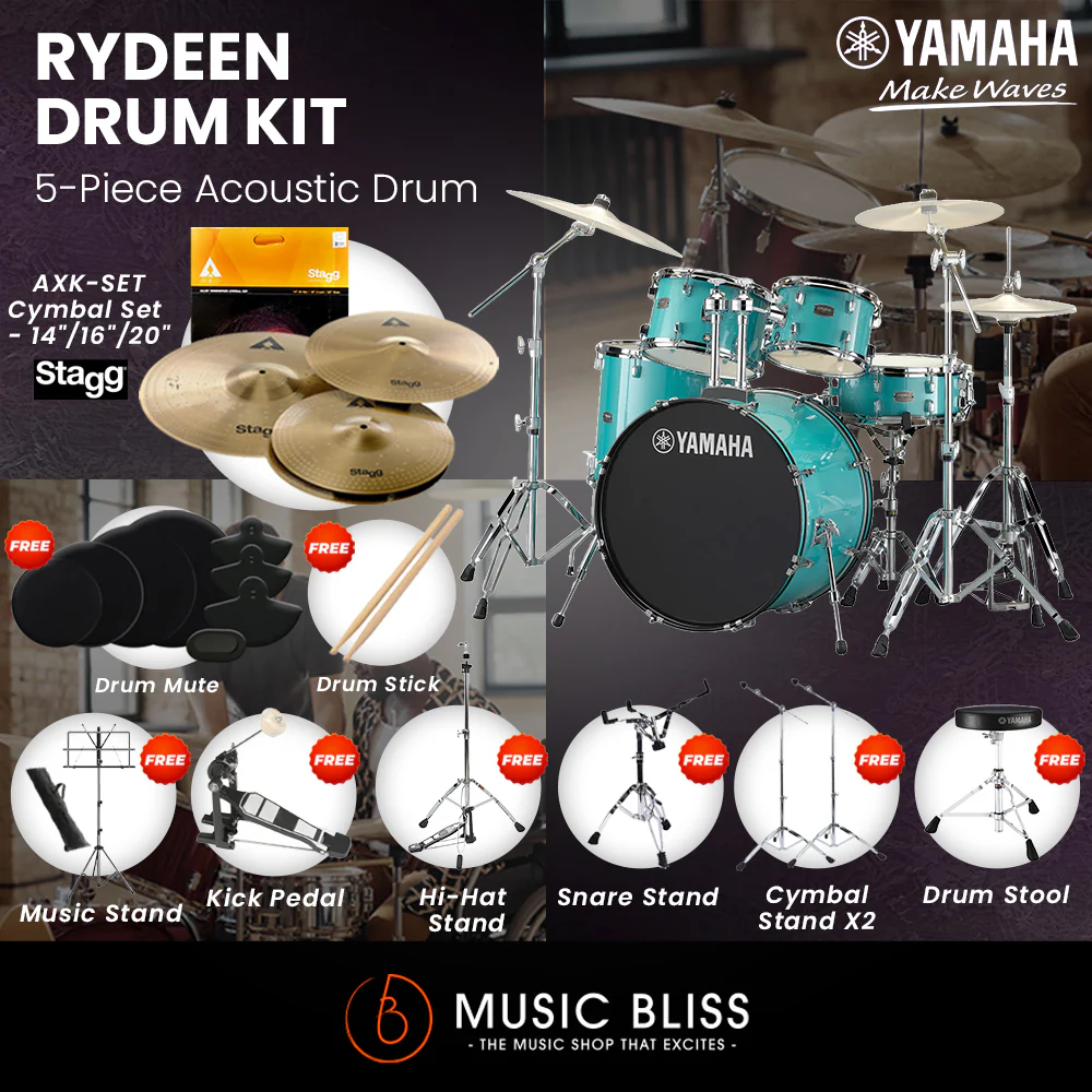 Yamaha Rydeen 5-Piece Acoustic Drum Kit – 22" Bass Drum – Shell Pack Only or Complete Package with Hardware & Cymbals - Turquoise Glitter - Image 7