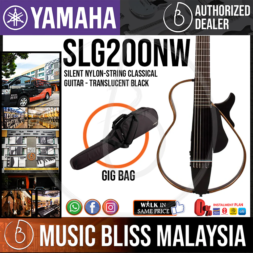 Yamaha SLG200NW Silent Guitar with FREE Bag, Wide Nylon-String - Translucent Black