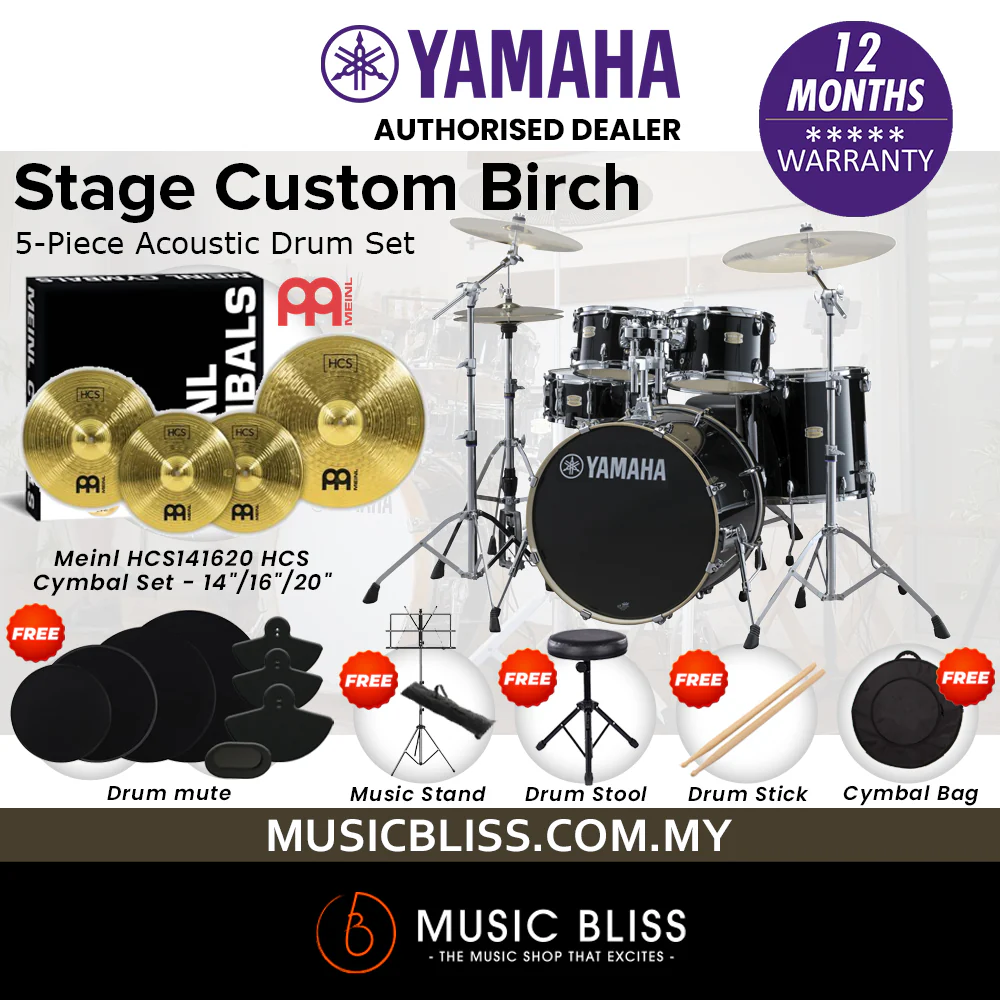 Yamaha Stage Custom Birch Shell Pack with Cymbal Set and Hardware Pack - 22" Kick - Raven Black - Image 2