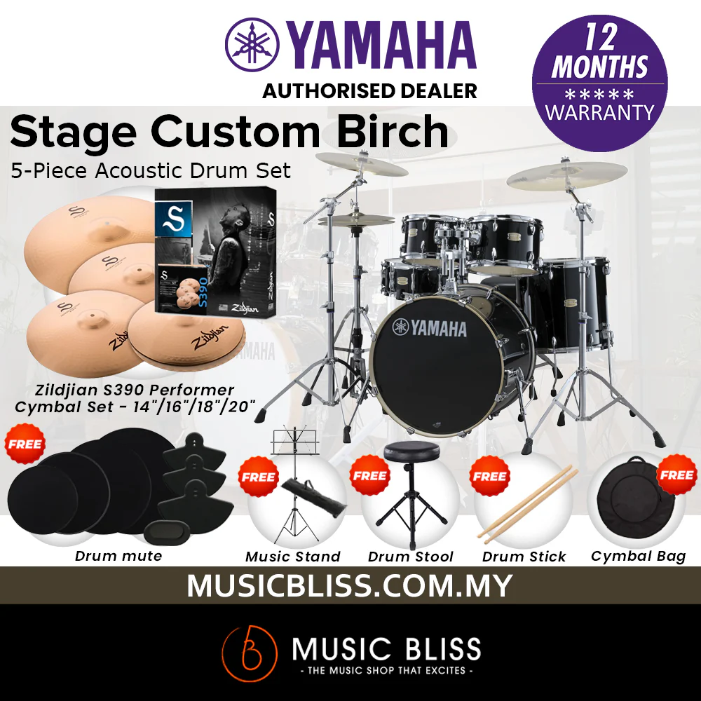 Yamaha Stage Custom Birch Shell Pack with Cymbal Set and Hardware Pack - 22" Kick - Raven Black - Image 3