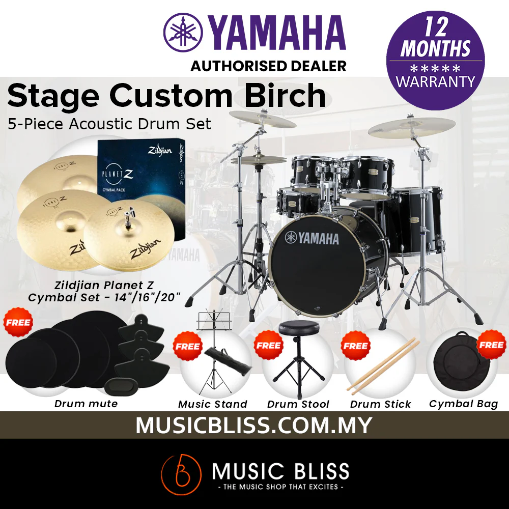 Yamaha Stage Custom Birch Shell Pack with Cymbal Set and Hardware Pack - 22" Kick - Raven Black - Image 4