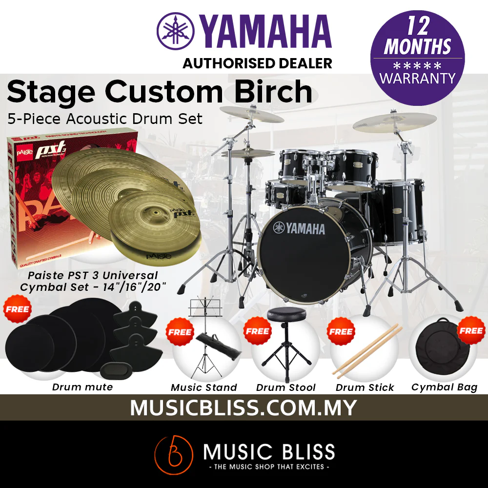 Yamaha Stage Custom Birch Shell Pack with Cymbal Set and Hardware Pack - 22" Kick - Raven Black - Image 5