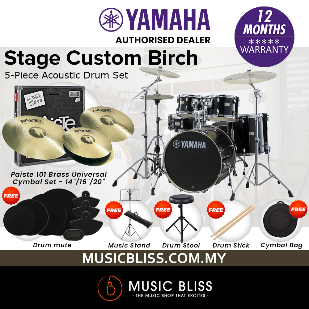 Yamaha Stage Custom Birch Shell Pack with Cymbal Set and Hardware Pack - 22" Kick - Raven Black - Image 6