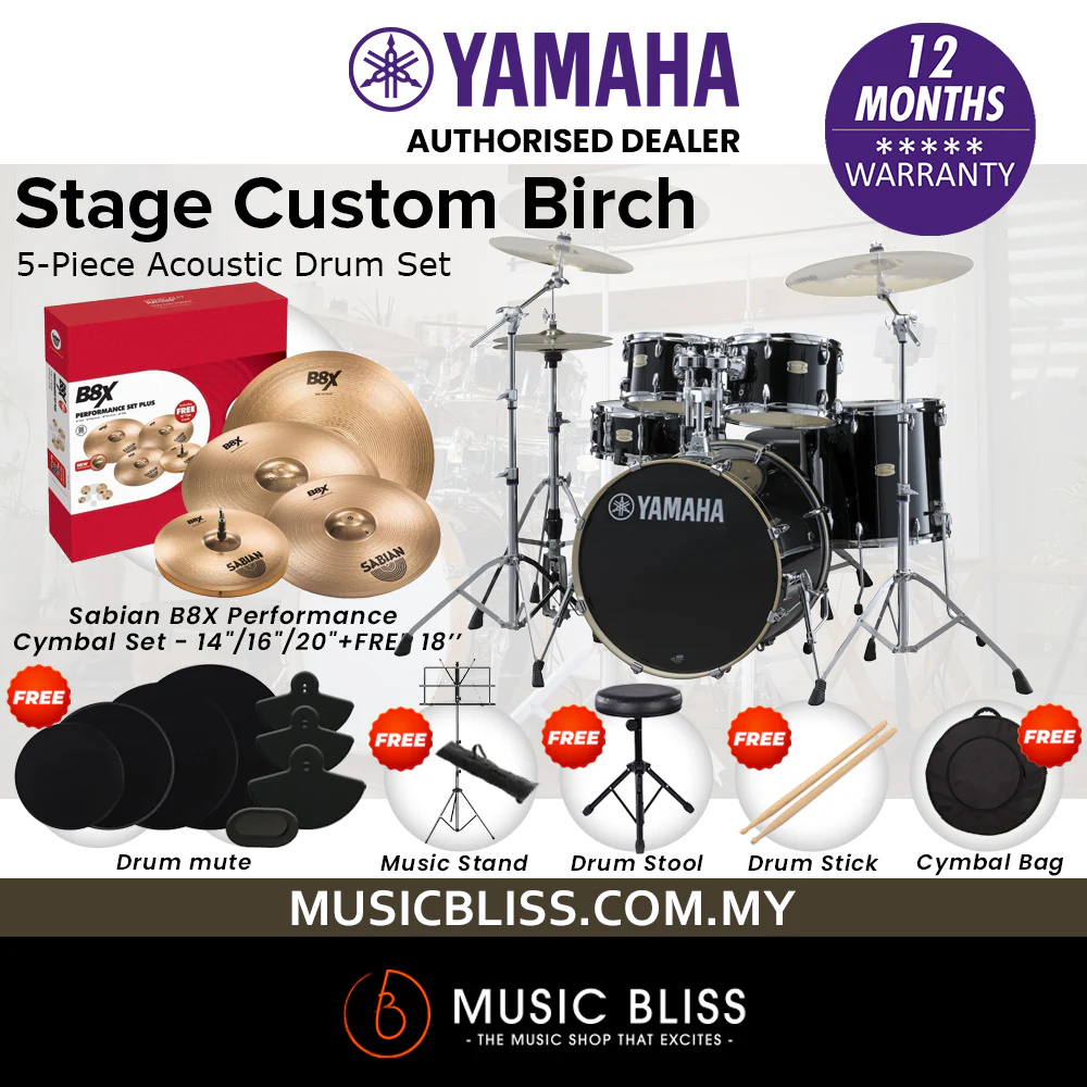 Yamaha Stage Custom Birch Shell Pack with Cymbal Set and Hardware Pack - 22" Kick - Raven Black - Image 7