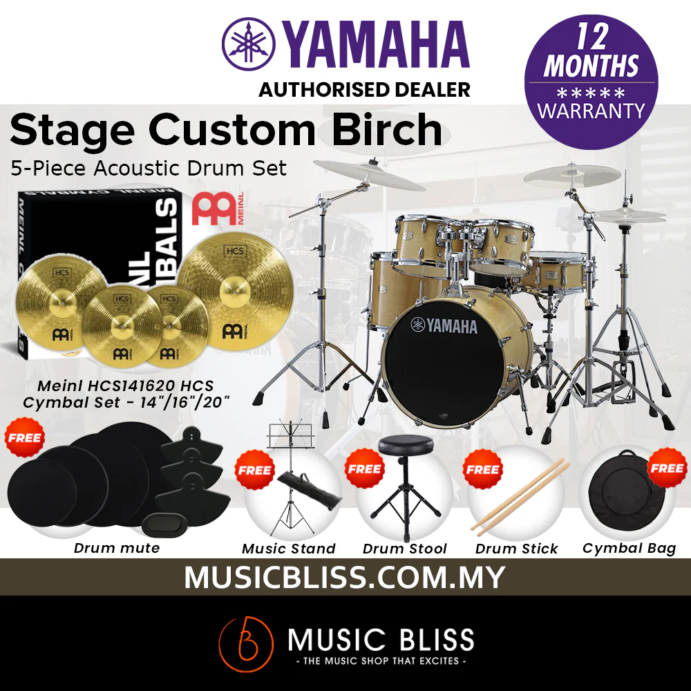 Yamaha Stage Custom Birch Shell Pack with Cymbal Set and Hardware Pack - 22" Kick - Natural Wood - Image 2