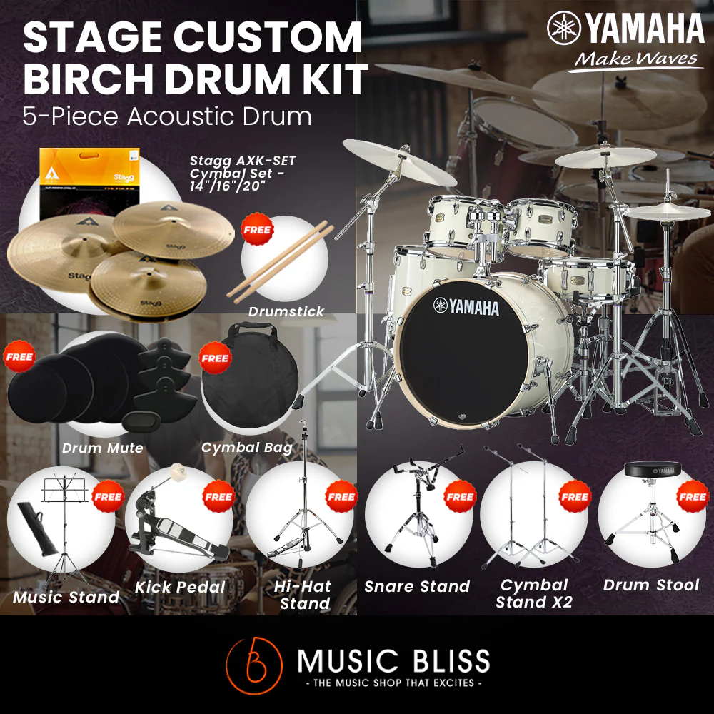 Yamaha Stage Custom Birch Shell Pack with Cymbal Set and Hardware Pack - 22" Kick - Classic White - Image 2