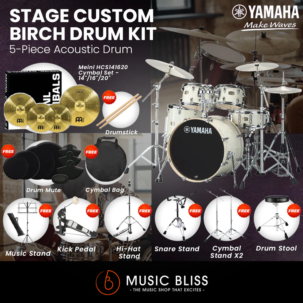 Yamaha Stage Custom Birch Shell Pack with Cymbal Set and Hardware Pack - 22" Kick - Classic White - Image 3