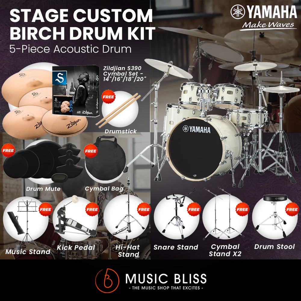 Yamaha Stage Custom Birch Shell Pack with Cymbal Set and Hardware Pack - 22" Kick - Classic White - Image 4