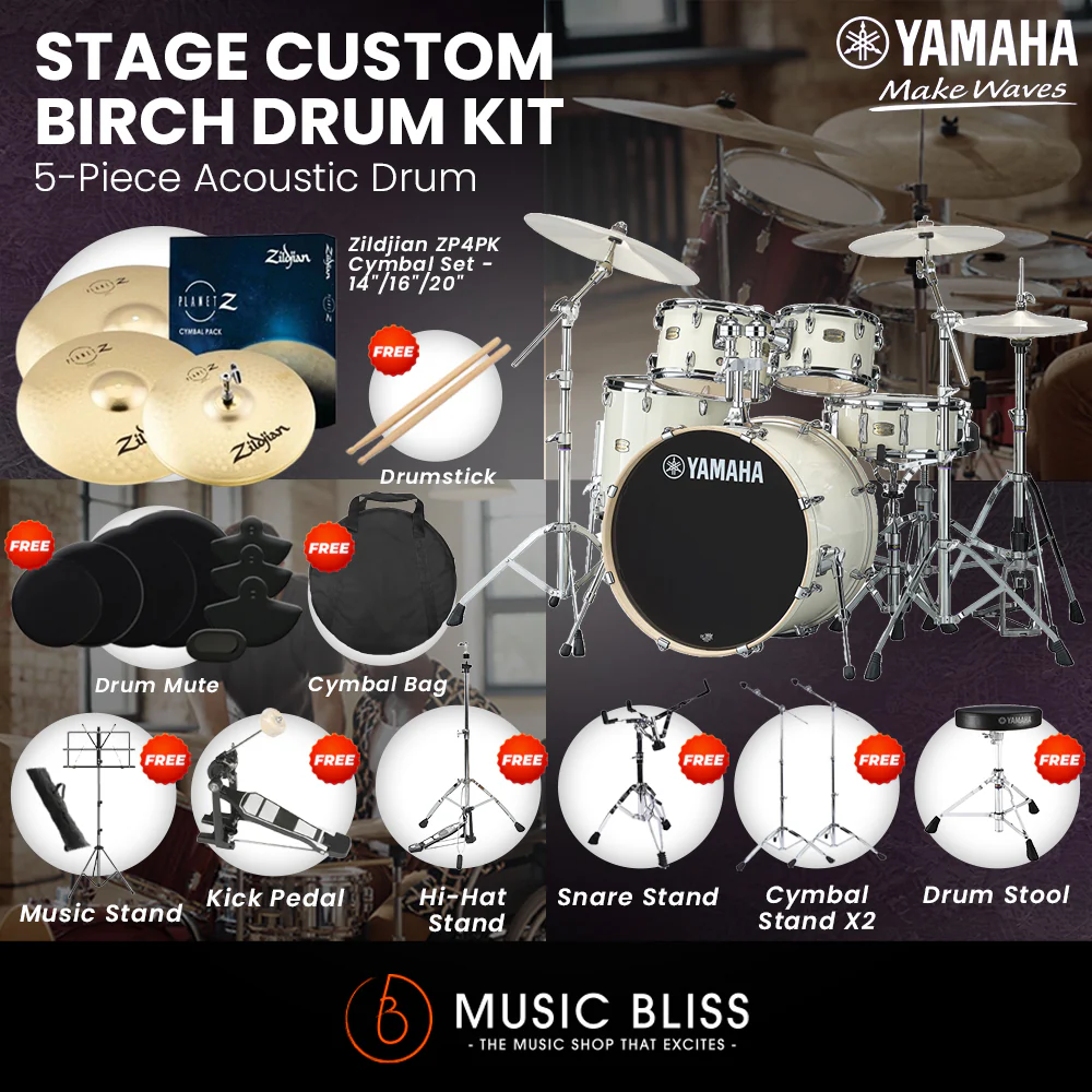 Yamaha Stage Custom Birch Shell Pack with Cymbal Set and Hardware Pack - 22" Kick - Classic White - Image 5