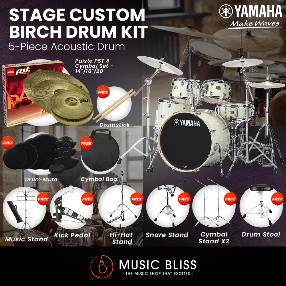 Yamaha Stage Custom Birch Shell Pack with Cymbal Set and Hardware Pack - 22" Kick - Classic White - Image 6