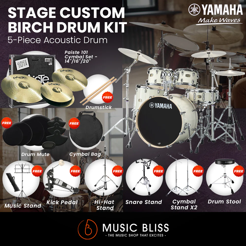 Yamaha Stage Custom Birch Shell Pack with Cymbal Set and Hardware Pack - 22" Kick - Classic White - Image 7