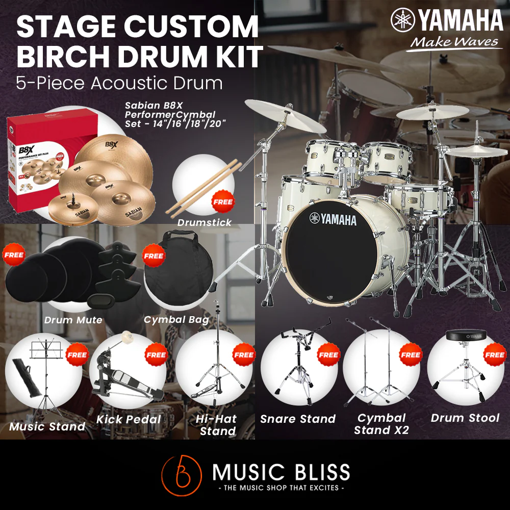 Yamaha Stage Custom Birch Shell Pack with Cymbal Set and Hardware Pack - 22" Kick - Classic White - Image 8