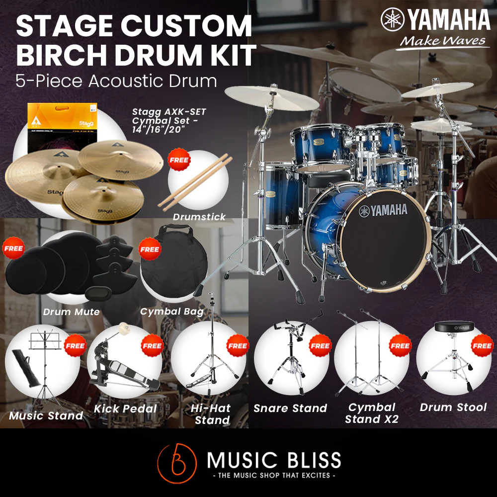 Yamaha Stage Custom Birch Shell Pack with Cymbal Set and Hardware Pack - 22" Kick - Deep Blue Sunburst - Image 2