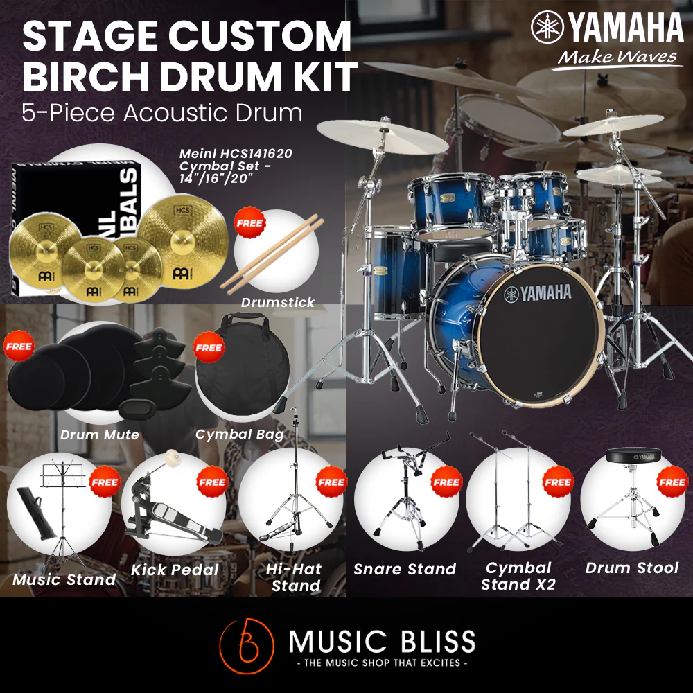 Yamaha Stage Custom Birch Shell Pack with Cymbal Set and Hardware Pack - 22" Kick - Deep Blue Sunburst - Image 3