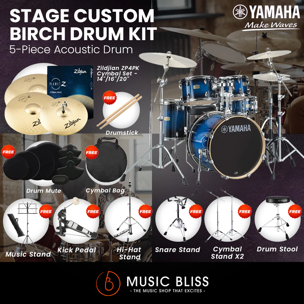 Yamaha Stage Custom Birch Shell Pack with Cymbal Set and Hardware Pack - 22" Kick - Deep Blue Sunburst - Image 4